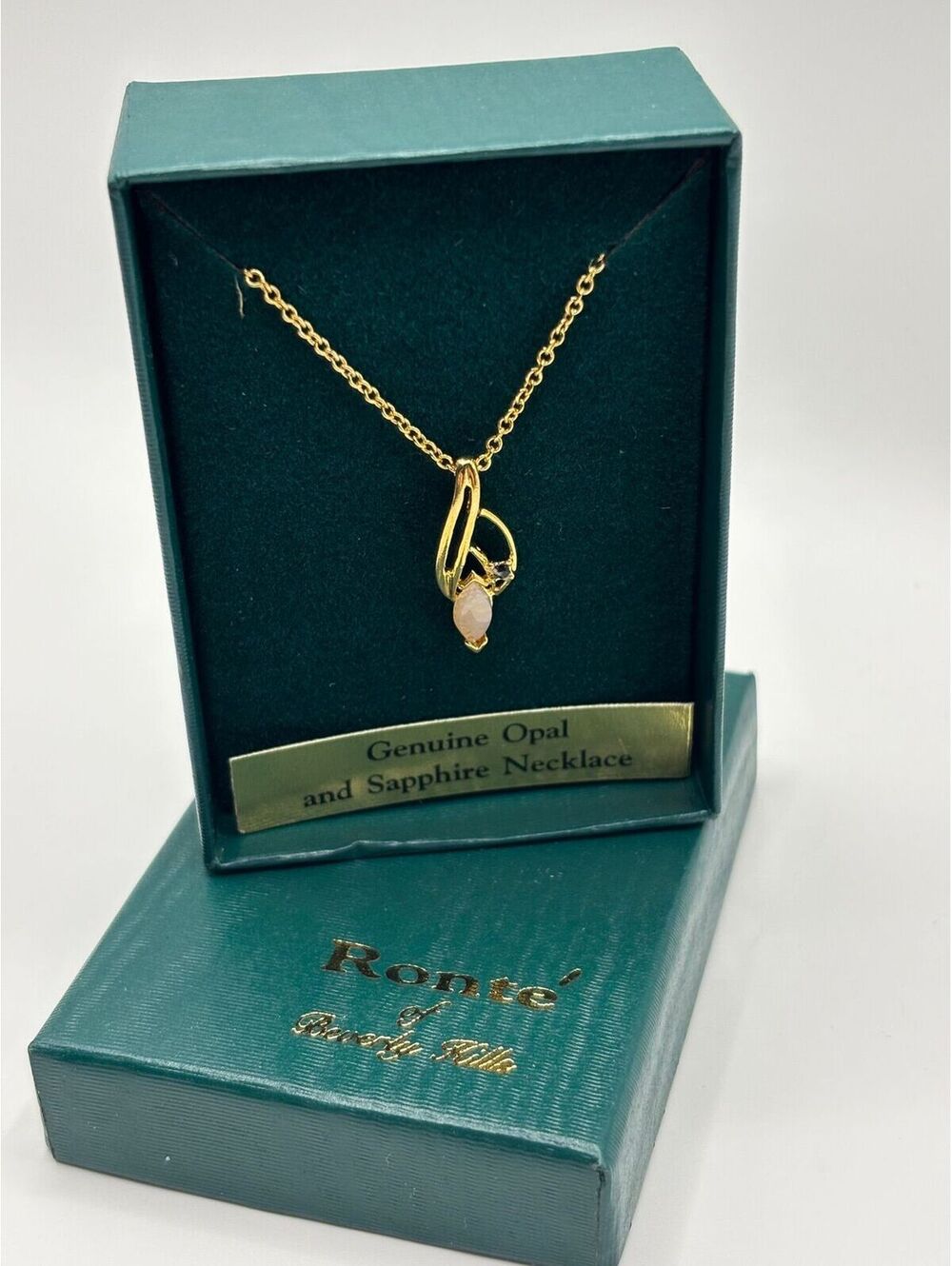 Ronte’ of Beverly Hills Genuine Opal & Sapphire Pendant Gold Tone Chain